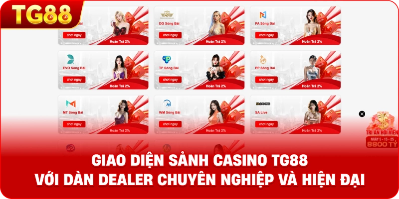 Giao diện sảnh CASINO TG88 với dàn Dealer chuyên nghiệp và hiện đại